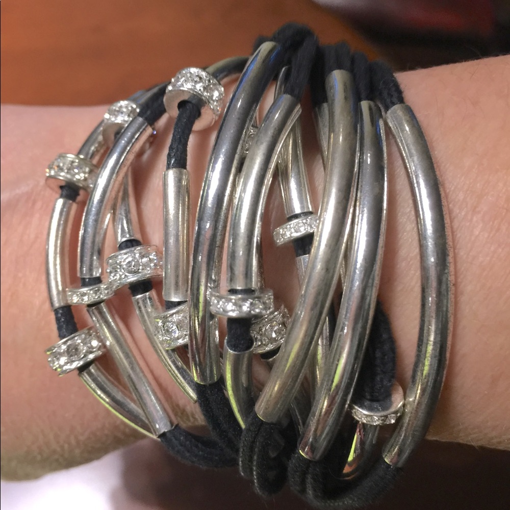 Silver Tone Metal & Black Cord Wrist Cuff Bracelet Shiny Stones Adjustable Size